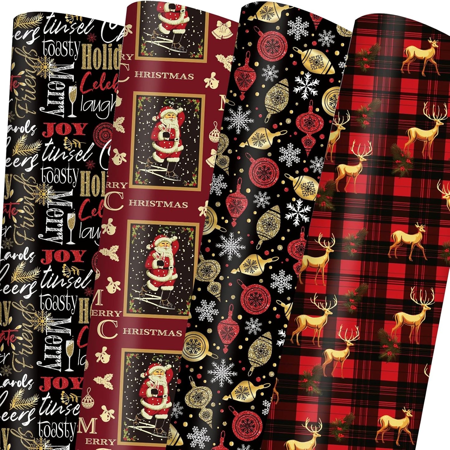 Vintage Christmas Wrapping Paper Red Black Gift Wrap Christmas Text Bufflao Plaid and Reindeer Design for Holiday Party Celebration - 20 X 28Inches per Sheet(8 Pack)