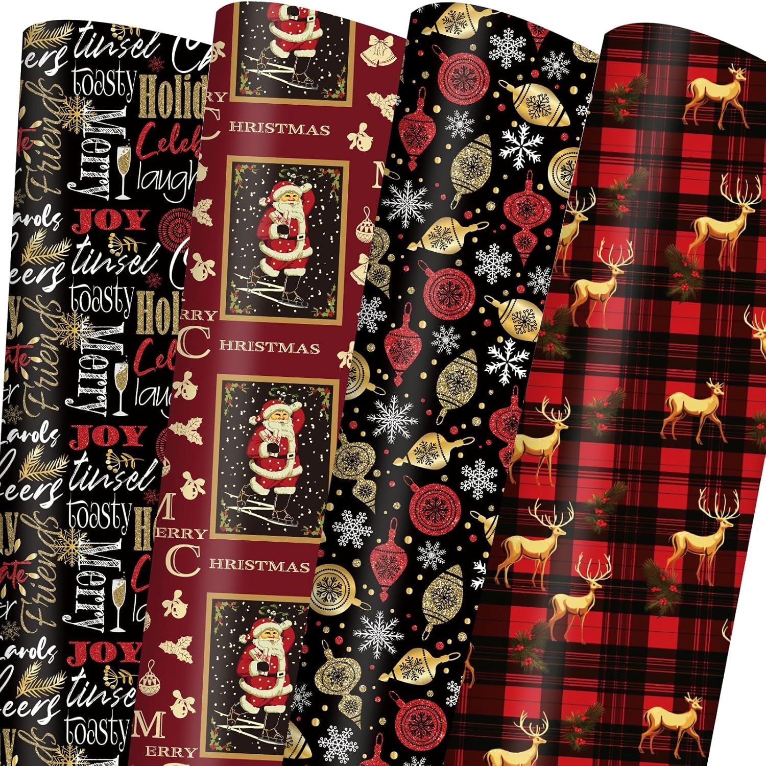 Vintage Christmas Wrapping Paper Red Black Gift Wrap Christmas Text Bufflao Plaid and Reindeer Design for Holiday Party Celebration - 20 X 28Inches per Sheet(8 Pack)