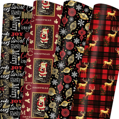 Vintage Christmas Wrapping Paper Red Black Gift Wrap Christmas Text Bufflao Plaid and Reindeer Design for Holiday Party Celebration - 20 X 28Inches per Sheet(8 Pack)