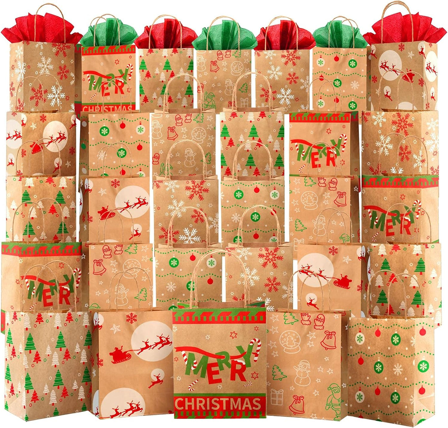 Christmas Gift Bags 30 PCS, 7.5"X9"X3.5" Durable Christmas Bags with Tissue Paper, 6 Styles Gift Bags Bulk with Handles, Reusable Small Gift Bags Xmas Paper Bags, Party Favors Holiday Gift Bags, Brown