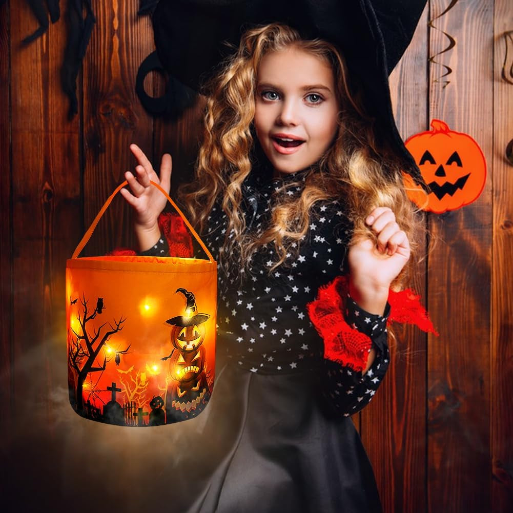 2 Pieces Halloween Candy Bucket with LED Light Trick or Treat Bags Halloween Bakset Reusable Pumpkin Candy Baskets Tote Bag for Kids Party Supplies Favors