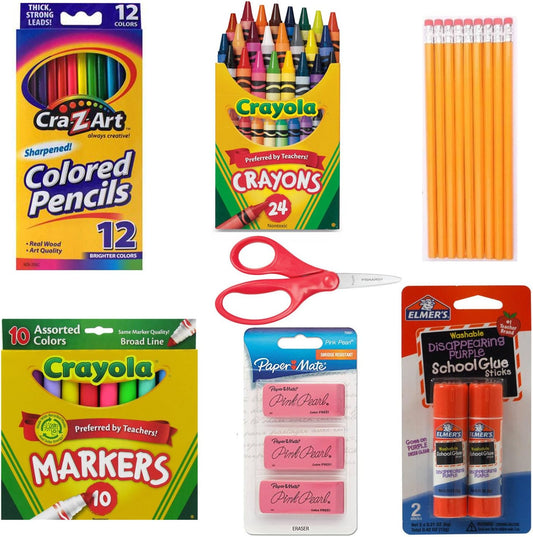 School Supply Basics - Supply Pack for Pre-School, 1St, 2Nd, and 3Rd Grade - Markers, Colored Pencils, Lead Pencils, Crayons, Scissors, 2 Glue Sticks, 3 Erasers