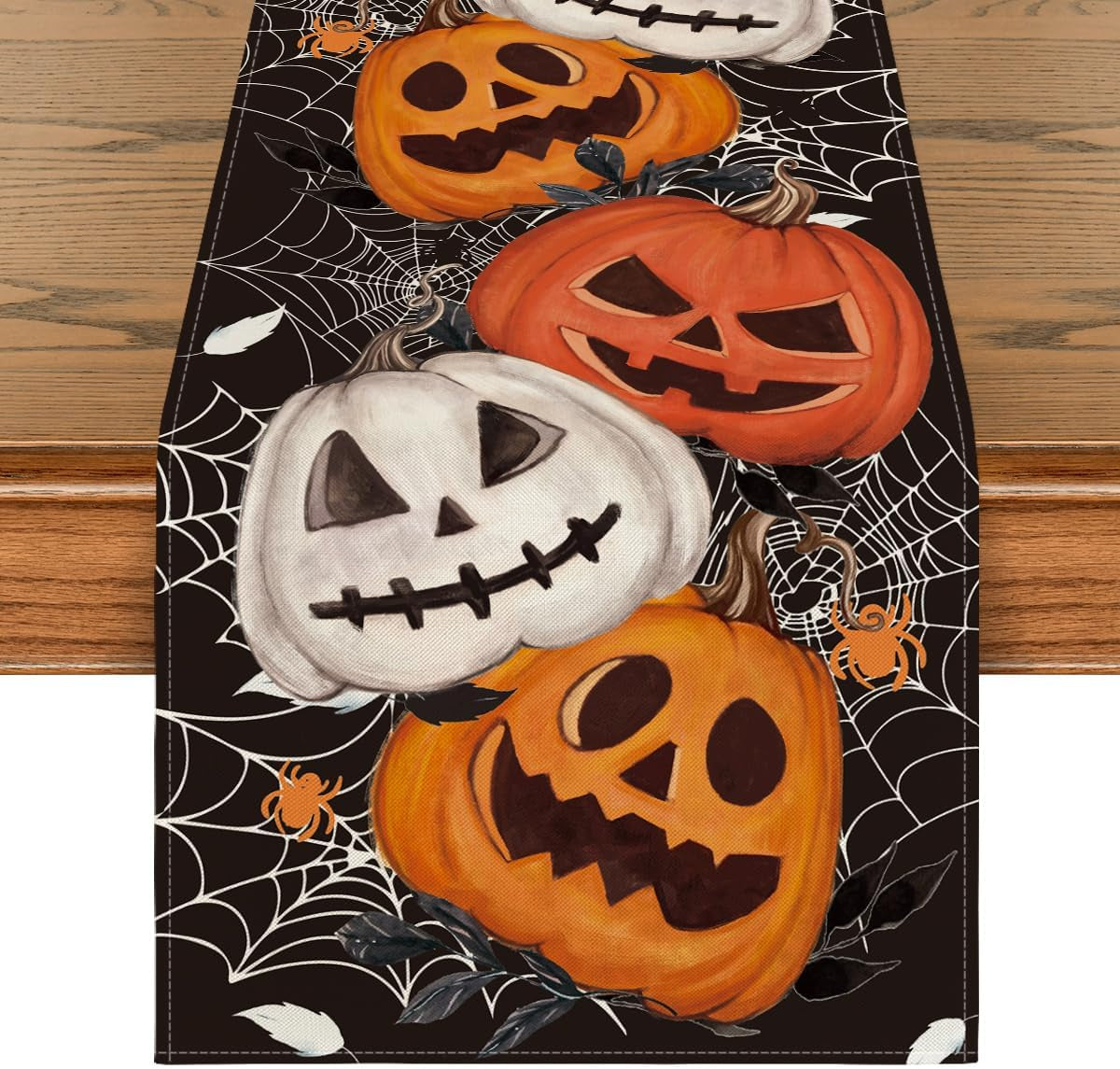 Black Pumpkins Spider Web Halloween Table Runner, Seasonal Fall Kitchen Dining Table Decoration for Home Party Decor 13X108 Inch