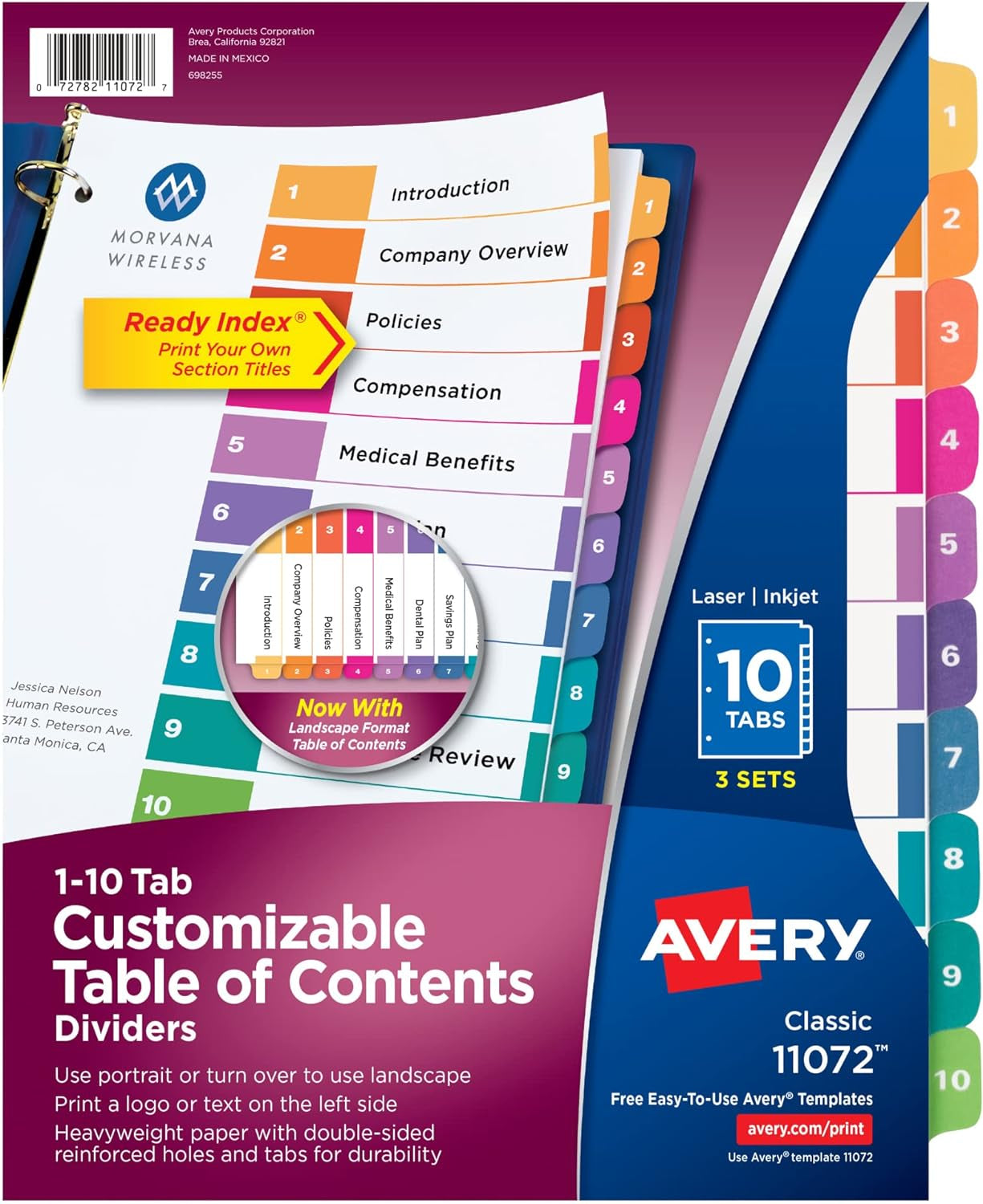 12 Tab Dividers for 3 Ring Binders, Customizable Table of Contents, Multicolor Tabs, 6 Sets (11196)