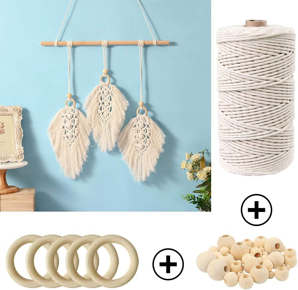 120Pcs Macrame Kits for Beginners 3Mm X 109Yards Natural Cotton Macrame Cord with Wooden Beads & Rings,Wooden Sticks,Metal Rings Macrame Supplies Best for Macrame Plant Hanger