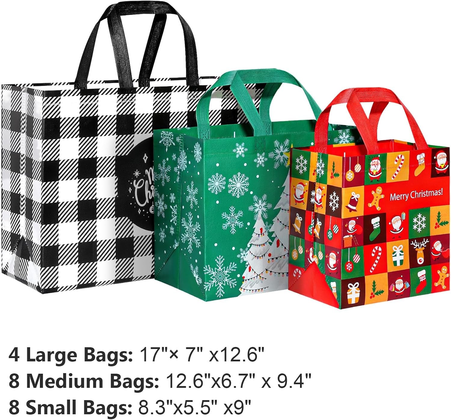 20 Pack Christmas Gift Bags Assorted Sizes, Reusable Tote Bags with Handle, Includes 4 Large 8 Medium 8 Small Non-Woven Christmas Bags for Xmas Party Favors