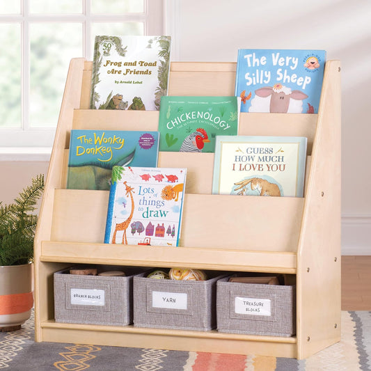 Edq Book and Bin Display Natural with 3 Fabric Storage Bins: Wooden Multi-Purpose Bookcases and Toy Storage Organizer; Homeschool and Classroom Furniture