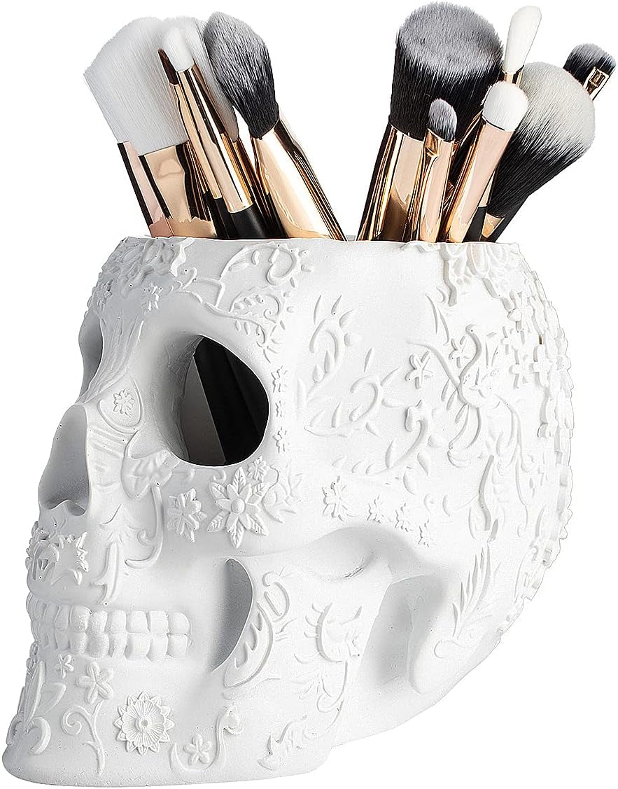 Skull Makeup Brush, Candy Bowl & Pen Holder, Bowl, Halloween Goth Decorations, Extra Large, Strong Resin, Skeleton Skulls and Bones Organizer Bathroom Trick or Treat Decor by Gute (White)