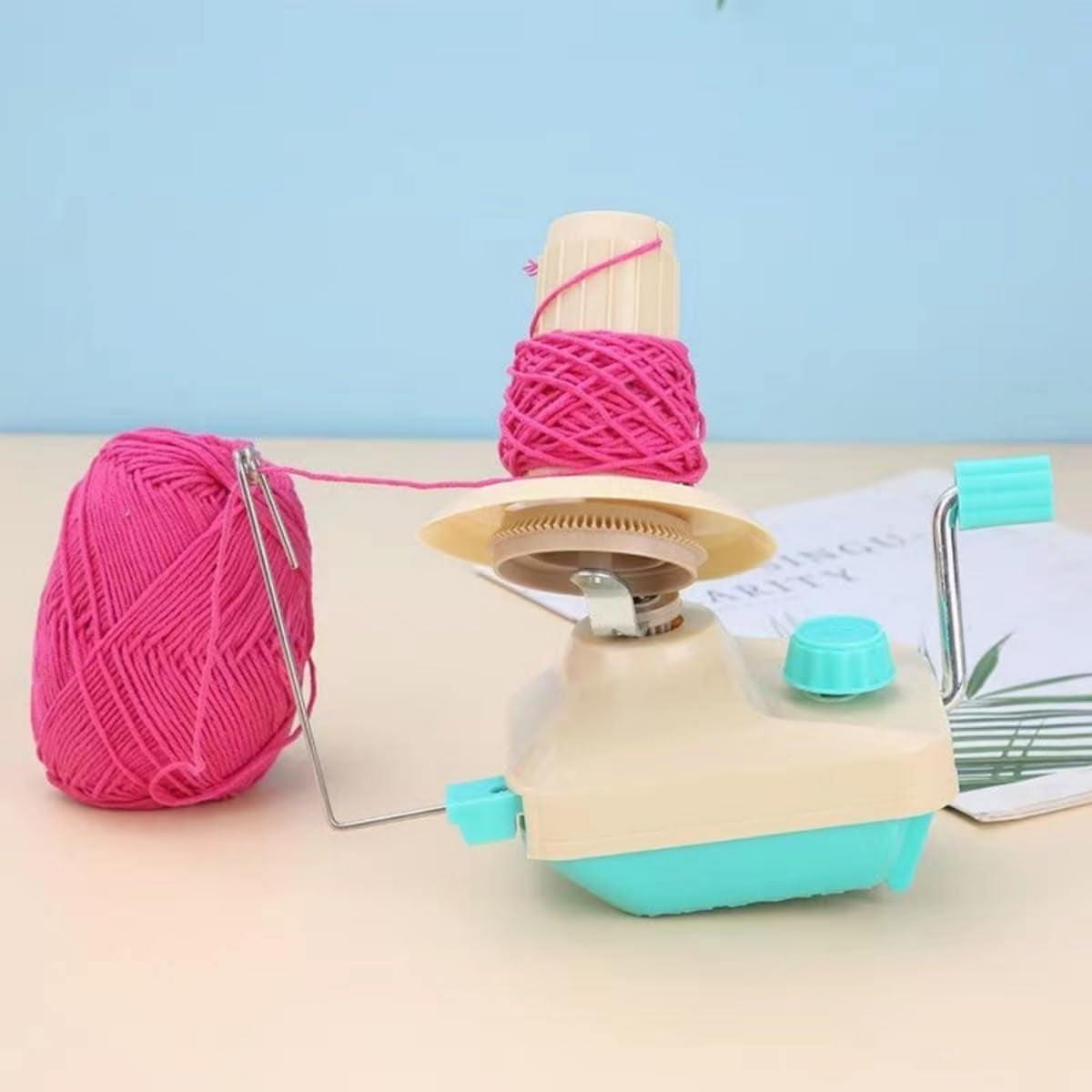 Yarn Winder Fiber Yarn String Ball Winder Holder Hand Operated (Cyan)