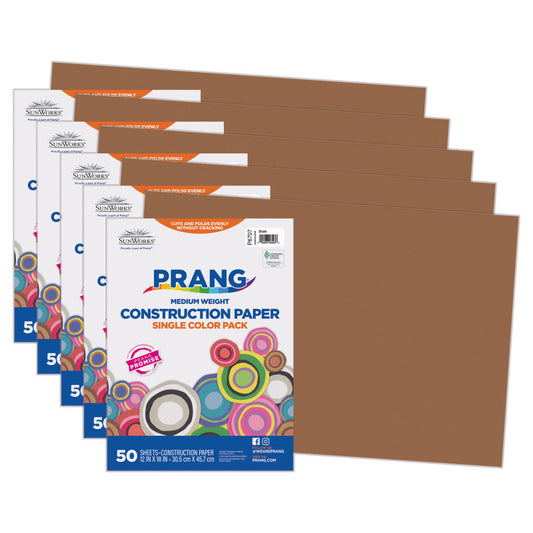 Construction Paper, Medium Weight, Brown, 12" x 18", 50 Sheets Per Pack, 5 Packs