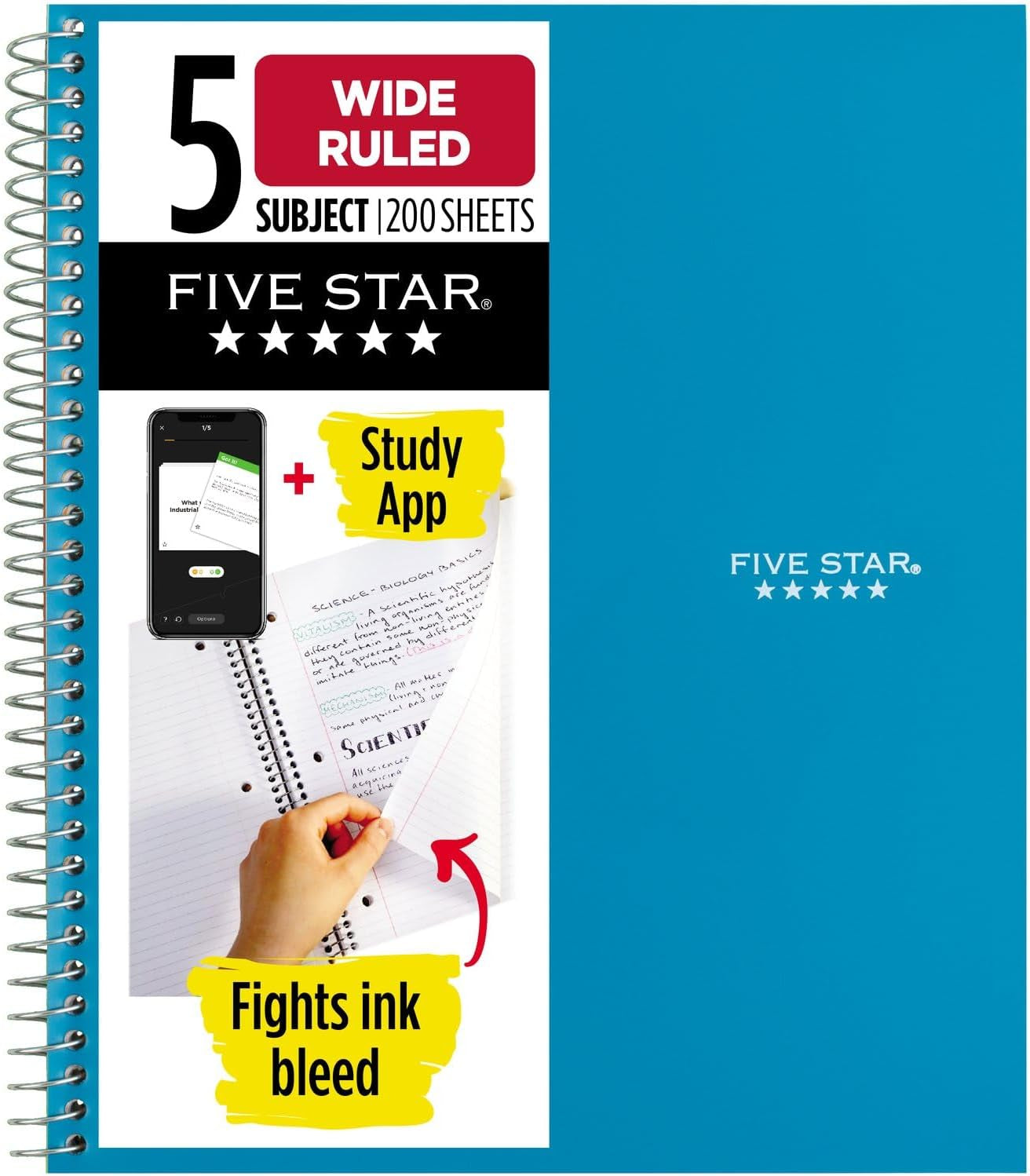 Spiral Notebook, 5 Subject, Wide Ruled Paper, Fights Ink Bleed, Water Resistant Cover, 8" X 10-1/2", 200 Sheets, Black (72045)