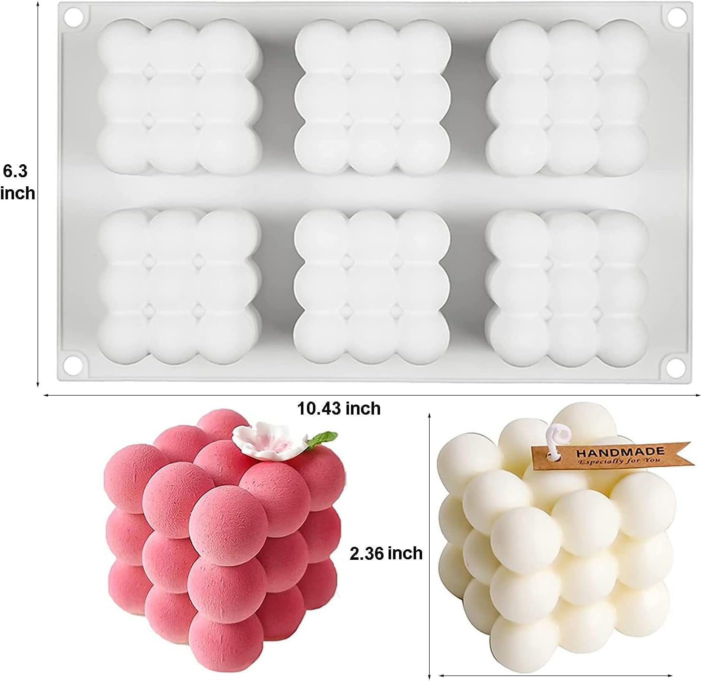 Cube Candle Molds, 6 Cavity 3D Bubble Silicone Molds for Candles Making, Cake Mold for Baking Chocolate Dessert Mousse Cake Ice Cream and Making Soap Wax