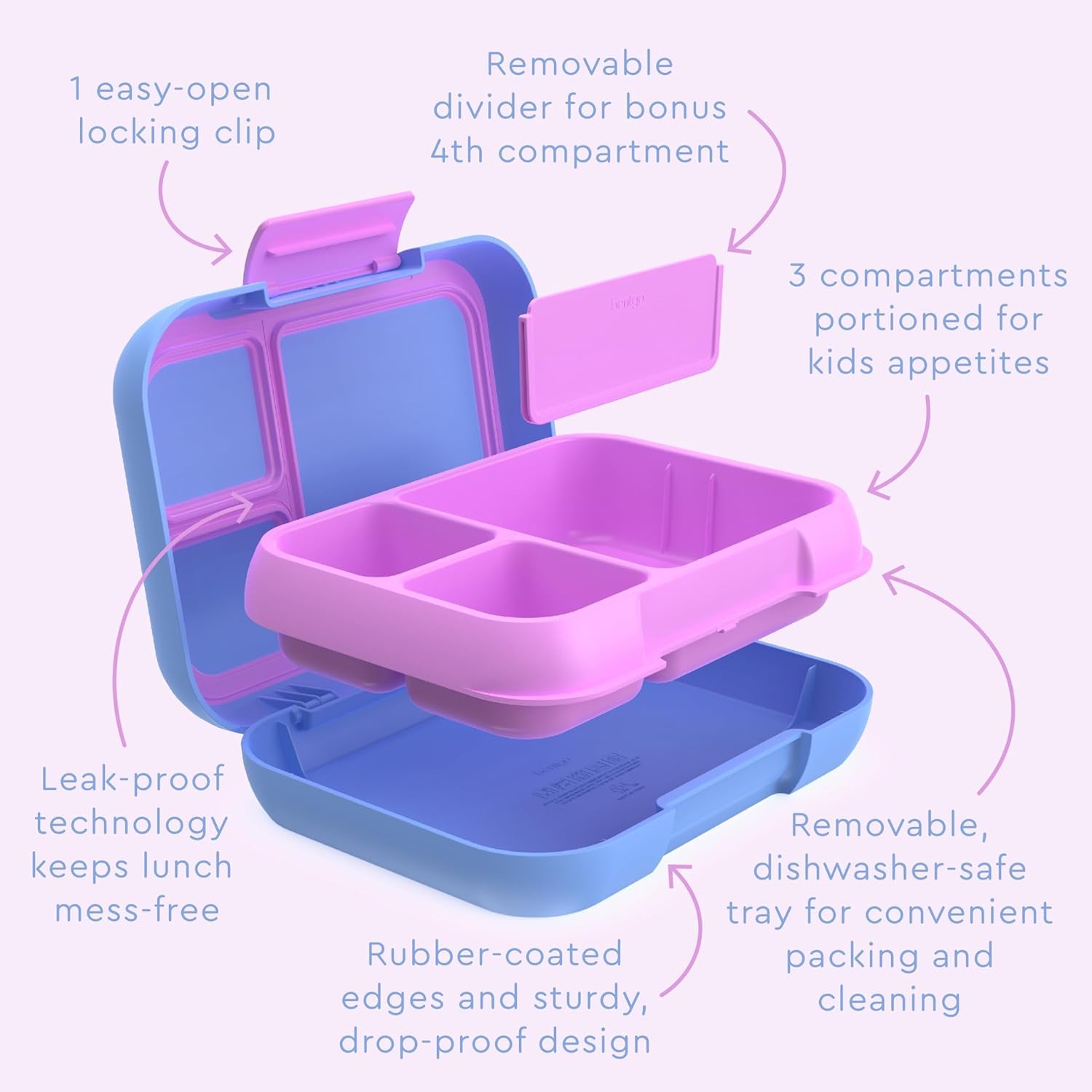 ® Pop - Leak-Proof Lunch Box & Removable Divider for Ages 8+ & Teens - Lunch Container Holds 5 Cups of Food; 3-4 Compartments; Microwave/Dishwasher Safe; 2 Year Warranty (Periwinkle/Pink)