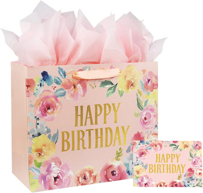 13" Large Happy Birthday Gift Bag with Card and Tissue Papers for Women Girls Floral Design with Handles