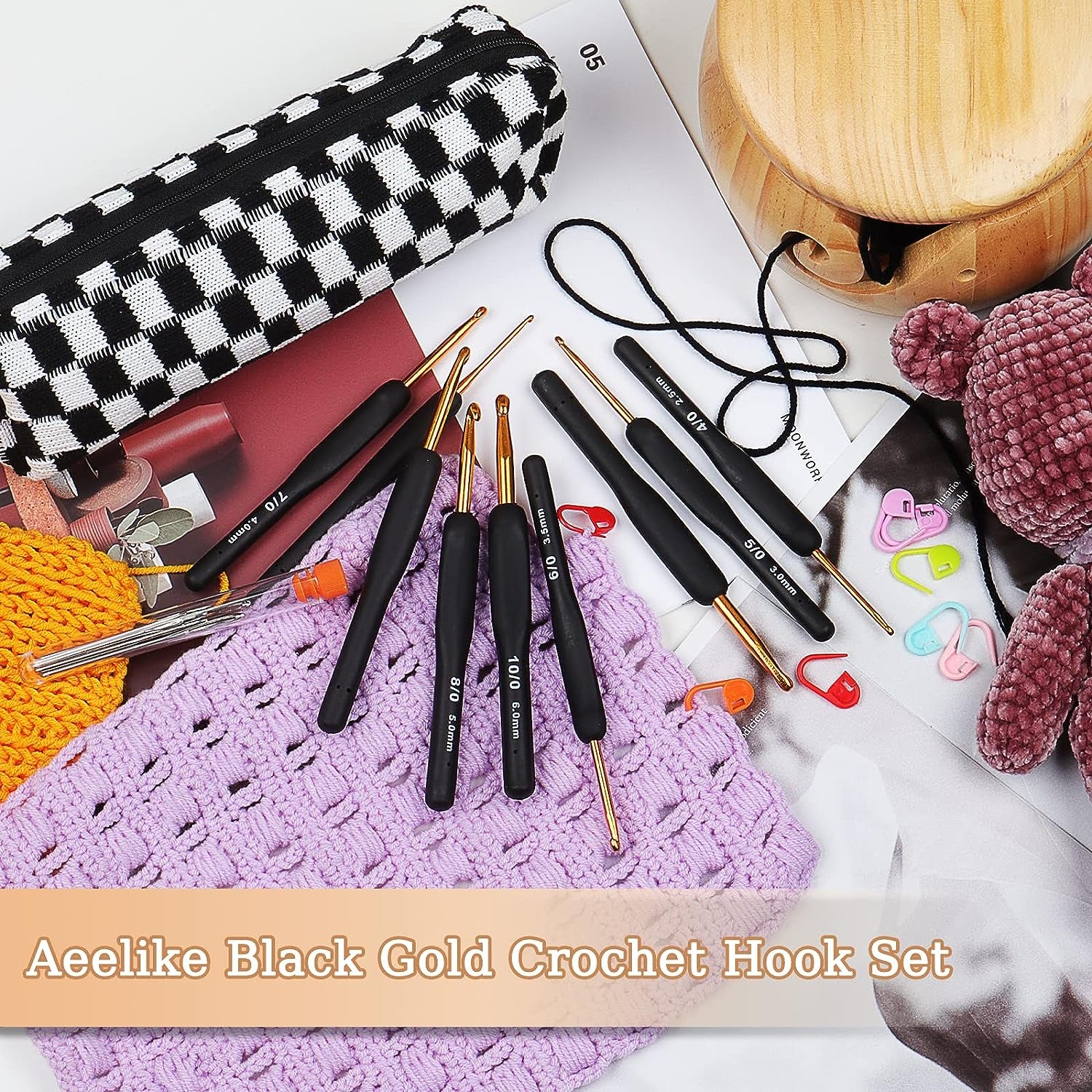 31Pcs Crochet Hook Set, Black Gold Crochet Hooks Ergonomic with Grips for Arthritic Hands, Crochet Needles Set with Knitting & Crochet Supplies, Ideal Crochet Gift for Crochet Beginner Lover