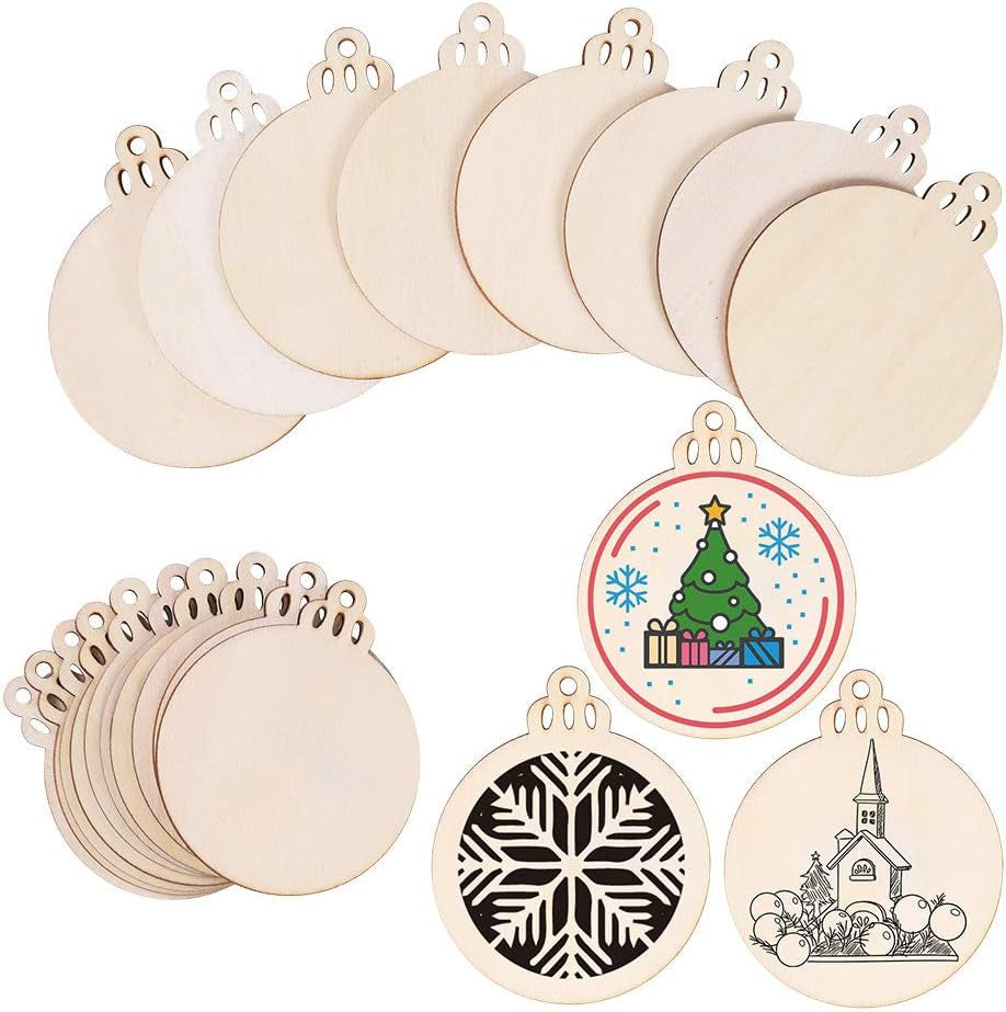 60PCS 3.5" DIY Wooden Christmas Ornaments Unfinished Predrilled Wood Slices Circles for Crafts round Centerpieces Discs Holiday Hanging Decorations