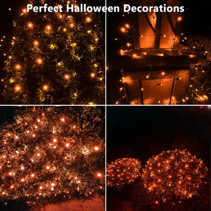 Halloween Lights Outdoor,100Led 5Ftx5Ft Orange Halloween Net Lights with Connectable, Waterproof ,UL Certified and Durable Green Wire Design for Bushes,Shrubs,Halloween Decorations Outdoor(Orange)