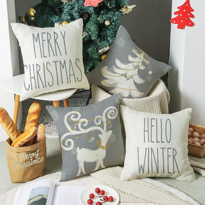 Christmas Pillow Covers Set of 4 for Christmas Decoration Winter Throw Pillow Cover Christmas Decor (20X20, Merry Christmas & Hello Winter)