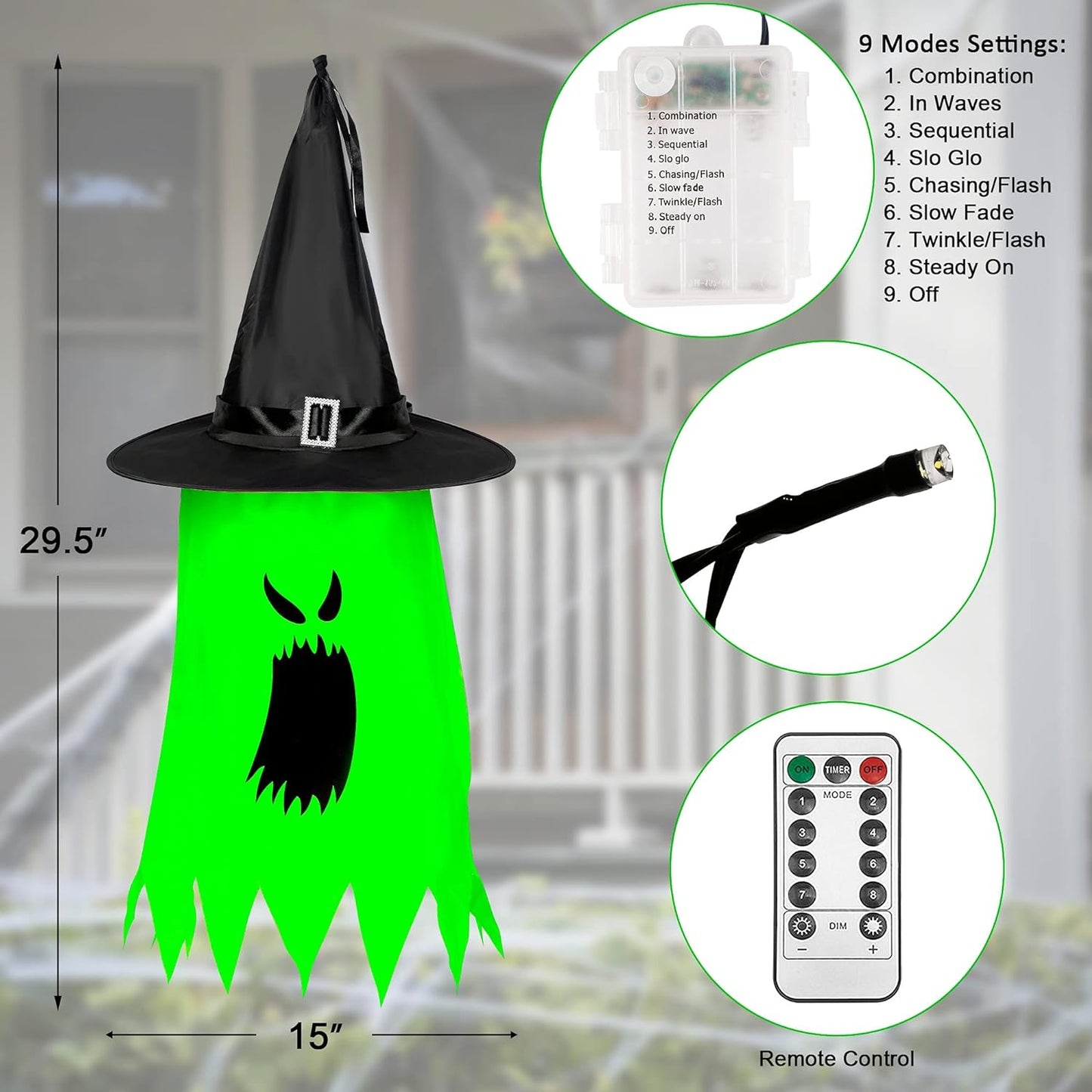 Halloween 8 Pcs Lighted Hanging Witch Ghost Hats Decorations, Halloween Indoor Outdoor Remote Control String Lights 8 Lighting Modes, Glowing Witch Hat for Garden, Yard, Tree