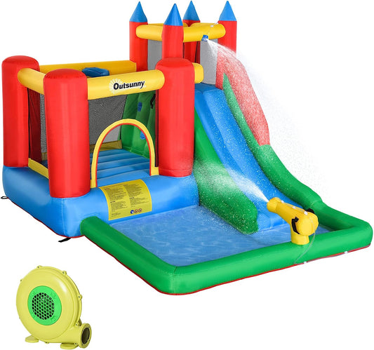 6-In-1 Kids Bounce House Inflatable Water Slide with Pool, Water Cannon, Climbing Wall, Inflator Included, Jumping Castle Kids Backyard Activity Outdoor Water Play Toy