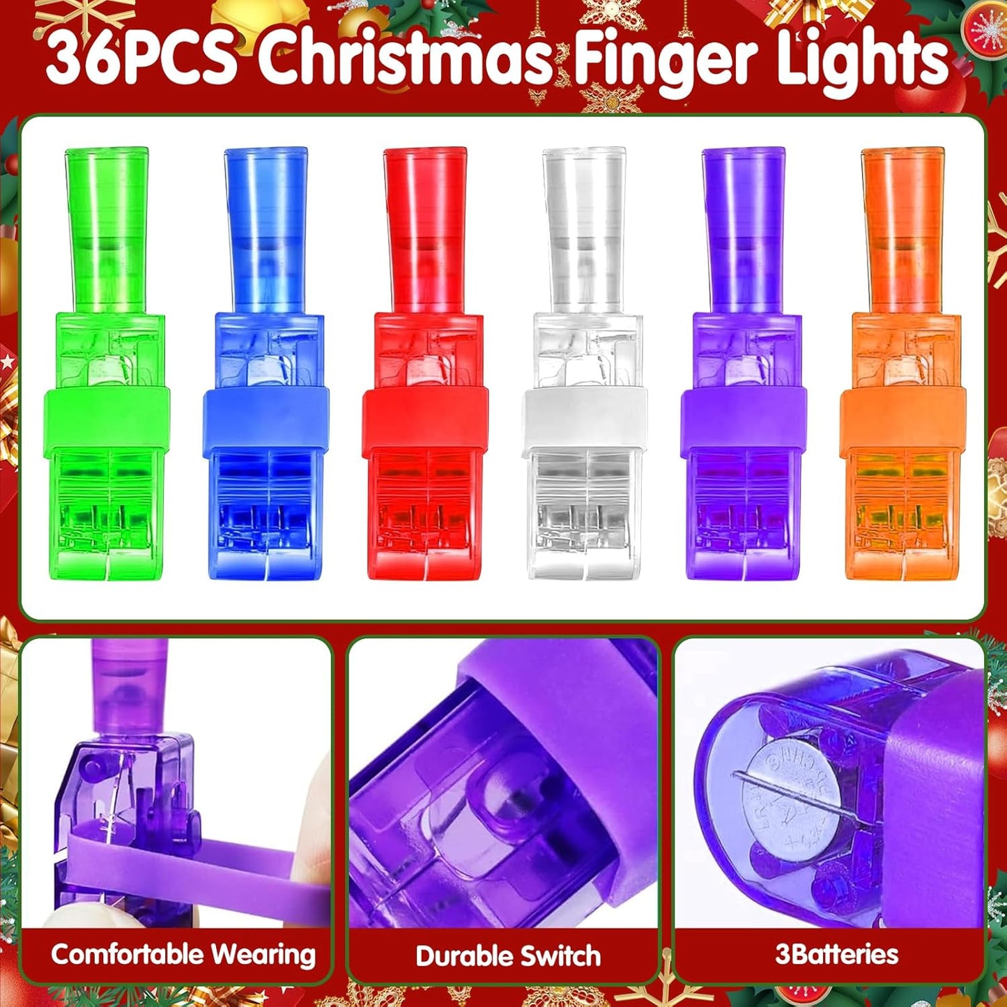 36 PCS Finger Lights Christmas Party Favors: Light up Christmas Toys Bulk for Kids Christmas Stocking Stuffers Goodie Bag Fillers, Xmas Gifts for Girls Boys Classroom Prizes Party Decorations Supplies