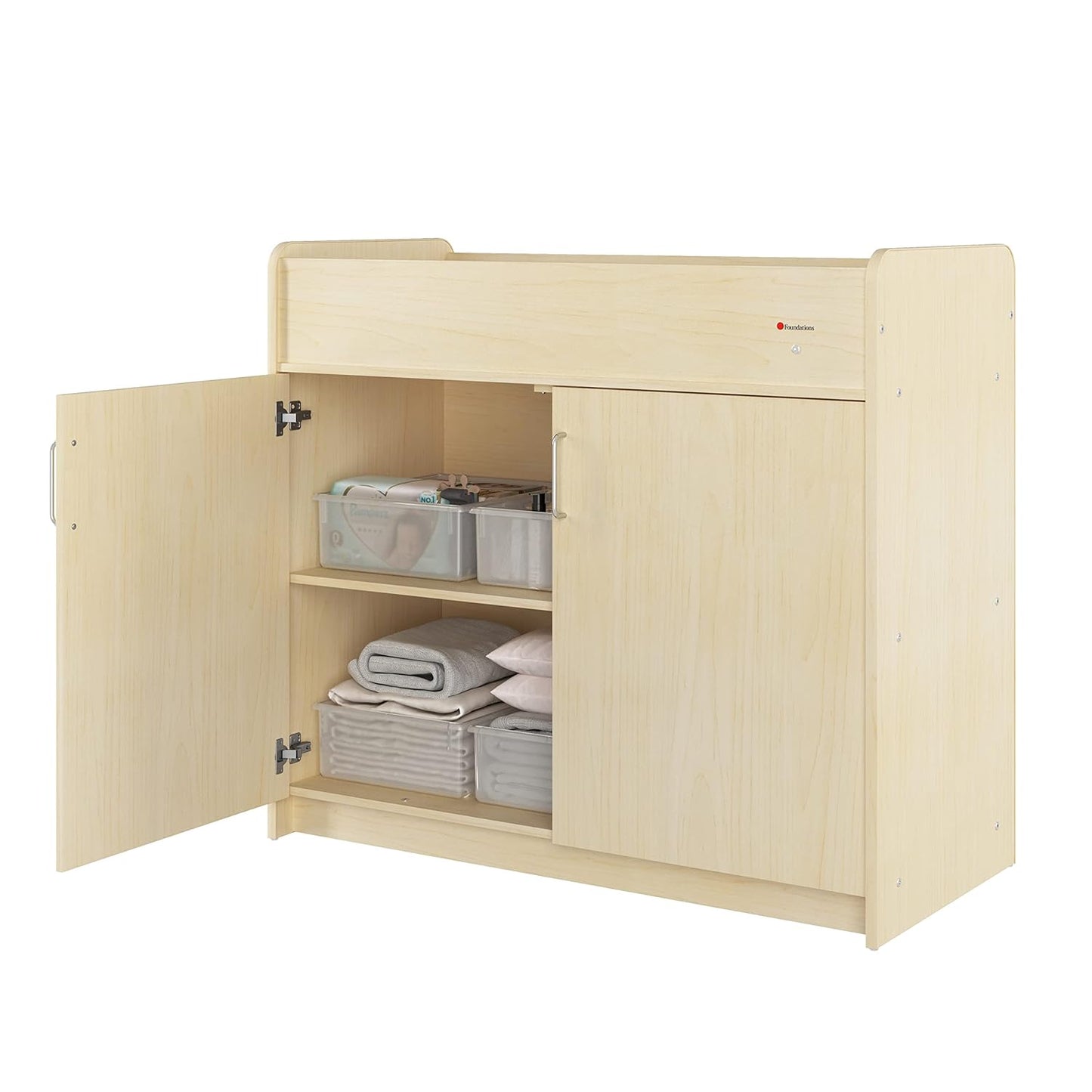 Safetycraft Daycare Changing Table - Durable Wood Cabinet with 2 Built-In Shelves - Storage W/Soft Close Hinges, Includes 1" Durable Mattress Pad - Natural