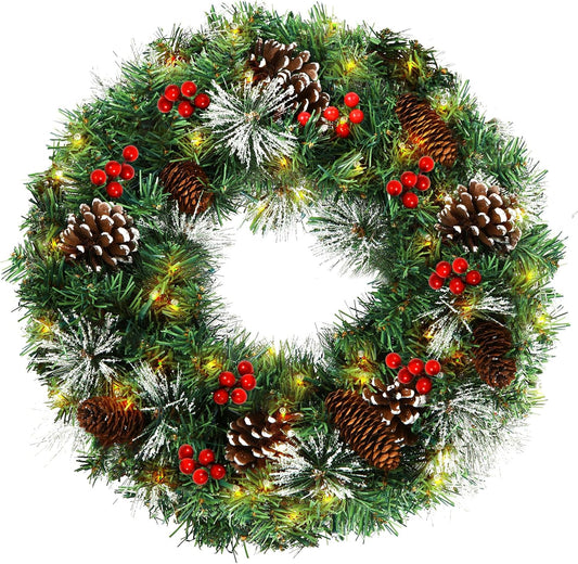 Christmas Wreath for Door,Pre-Lit Artificial Christmas Wreaths for Front Door with Pine Cones,Berries,8 Modes&Timer,50 LED Lights for Outdoor Decorations(18 In)