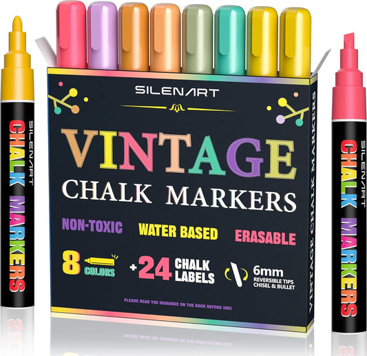 Chalk Markers Vintage - 8 Color, 24 Labels, Reversible Tips - Dry & Wet Erase Chalkboad Markers for Acrylic Calendar Planning Board Window Car Glass