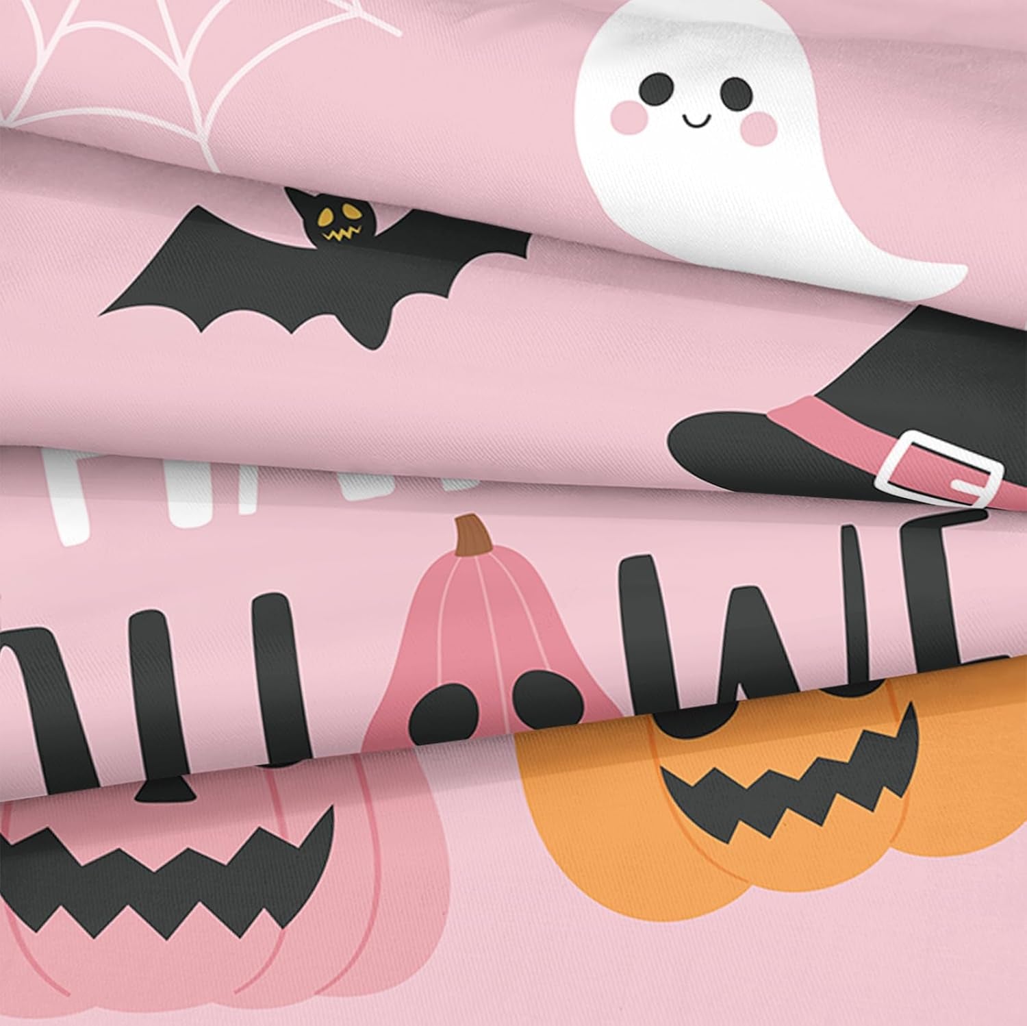 Pumpkin Ghost Comforter Set Girls Pink Halloween Bedding Set Orange Pumpkin White Ghost Bat Spider Cute Cartoon Bedding Kids Teens Happy Halloween Bed Set King Size