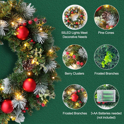 Pre-Lit Christmas Wreath with Lights Artificial Christmas Wreath Decorated with Pine Cones Berry Clusters Frosted Branches Ball Ornaments Christmas Decorations for Window Indoor & Outdoor (20 In)