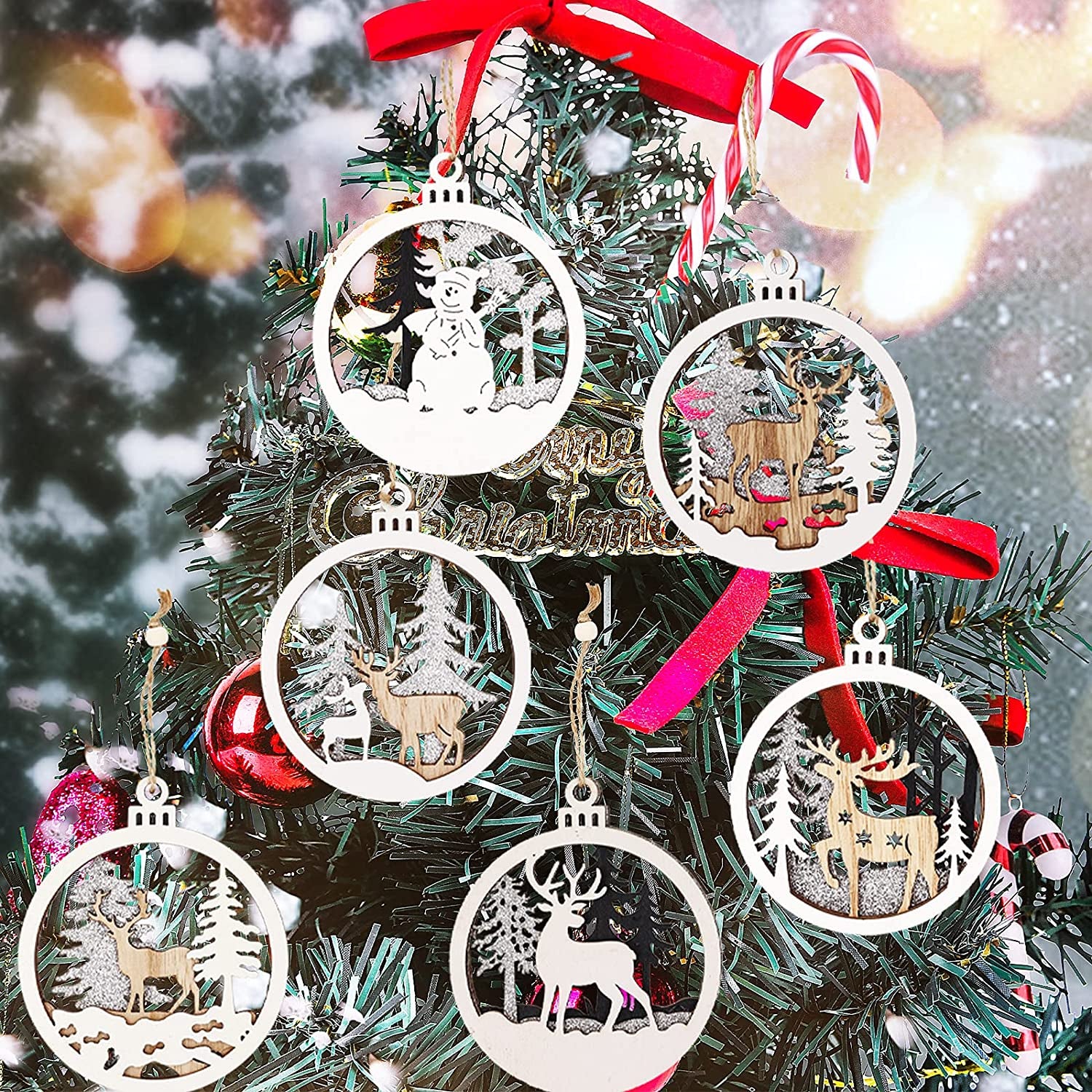 16Pcs Winter Christmas Hanging Ornaments for Tree - 3D Wooden Acrylic Christmas Cutouts Reindeer Snowman Snowflake Ornaments for Christmas Tree Gifts Winter Party Supplies