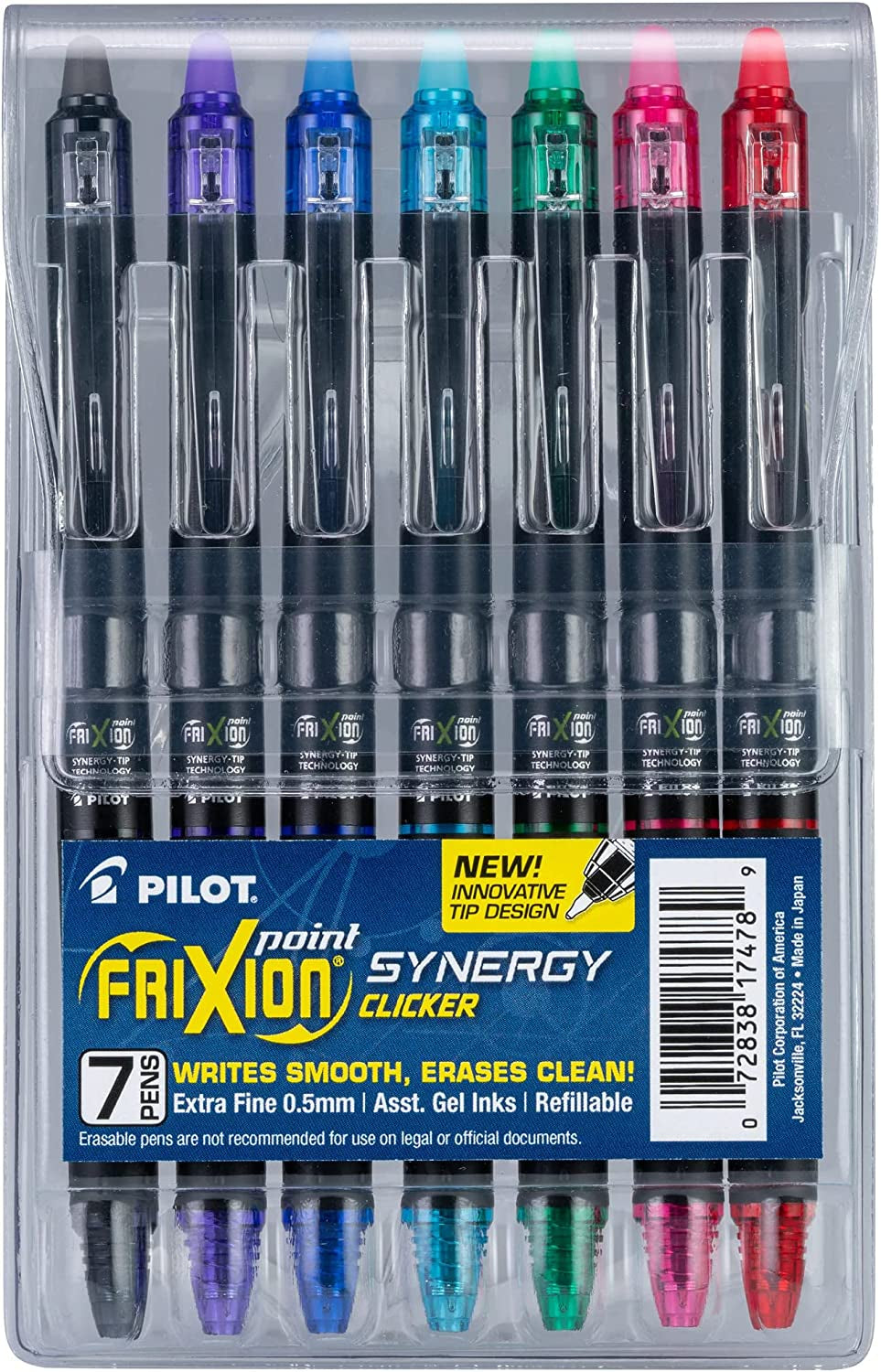 , Frixion Synergy Clicker Erasable, Refillable, Retractable Gel Ink Pens, Extra Fine Point 0.5 Mm, Pack of 7, Assorted Colors