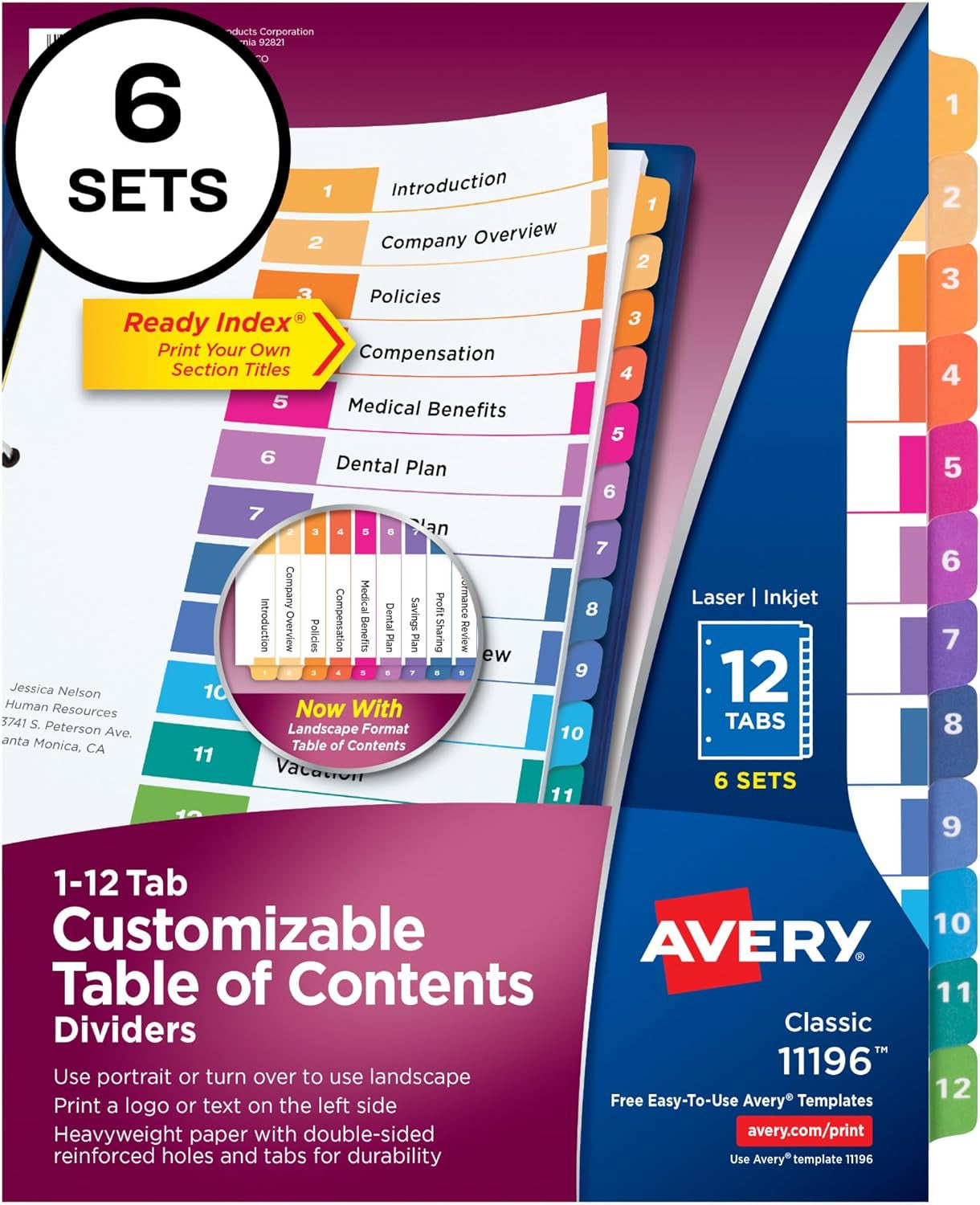 12 Tab Dividers for 3 Ring Binders, Customizable Table of Contents, Multicolor Tabs, 6 Sets (11196)