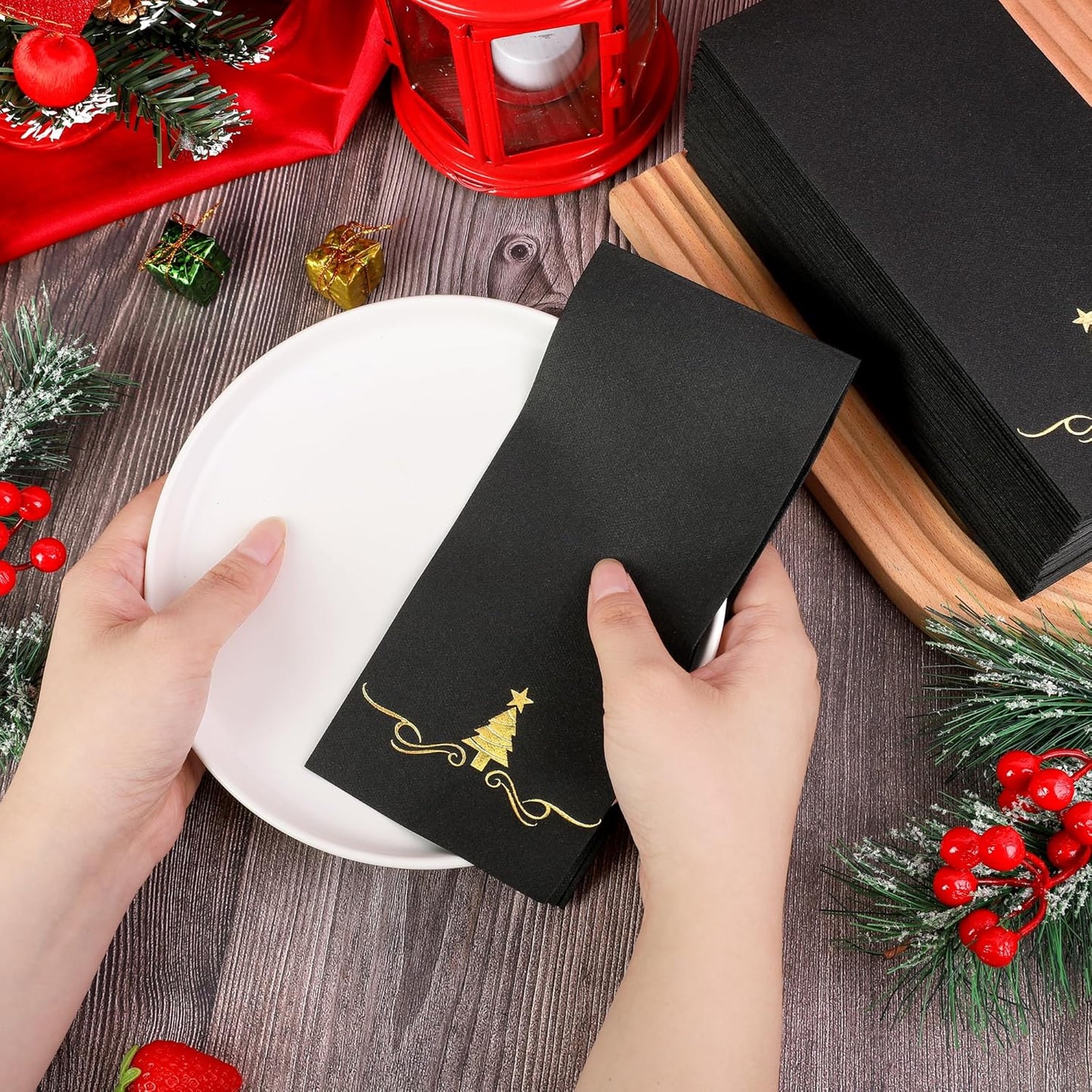 100 Pack Christmas Disposable Guest Napkins 12 X 17 Inch Gold Foil Christmas Trees Napkins Xmas Tree Hand Towels for Bathroom Kitchen Weddings Christmas Holiday Party, Red