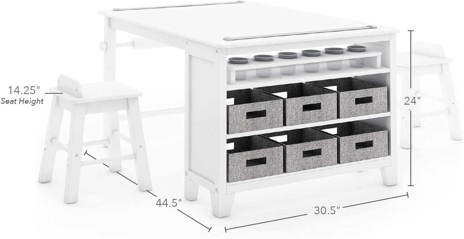 Living and Learning Kids' Art Table and Stool Set - Creamy White: Wooden Drawing and Painting Desk with Paper Roller, Paint Cups and Removable Craft Supplies Storage Bins