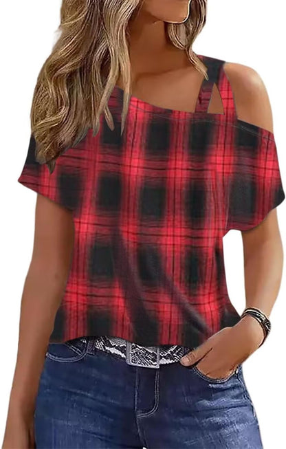 Criss-Cross One Shoulder Tops Sexy Cold Shoulder Shirts Summer Short Sleeve T-Shirts Vacation Loose Casual Tees