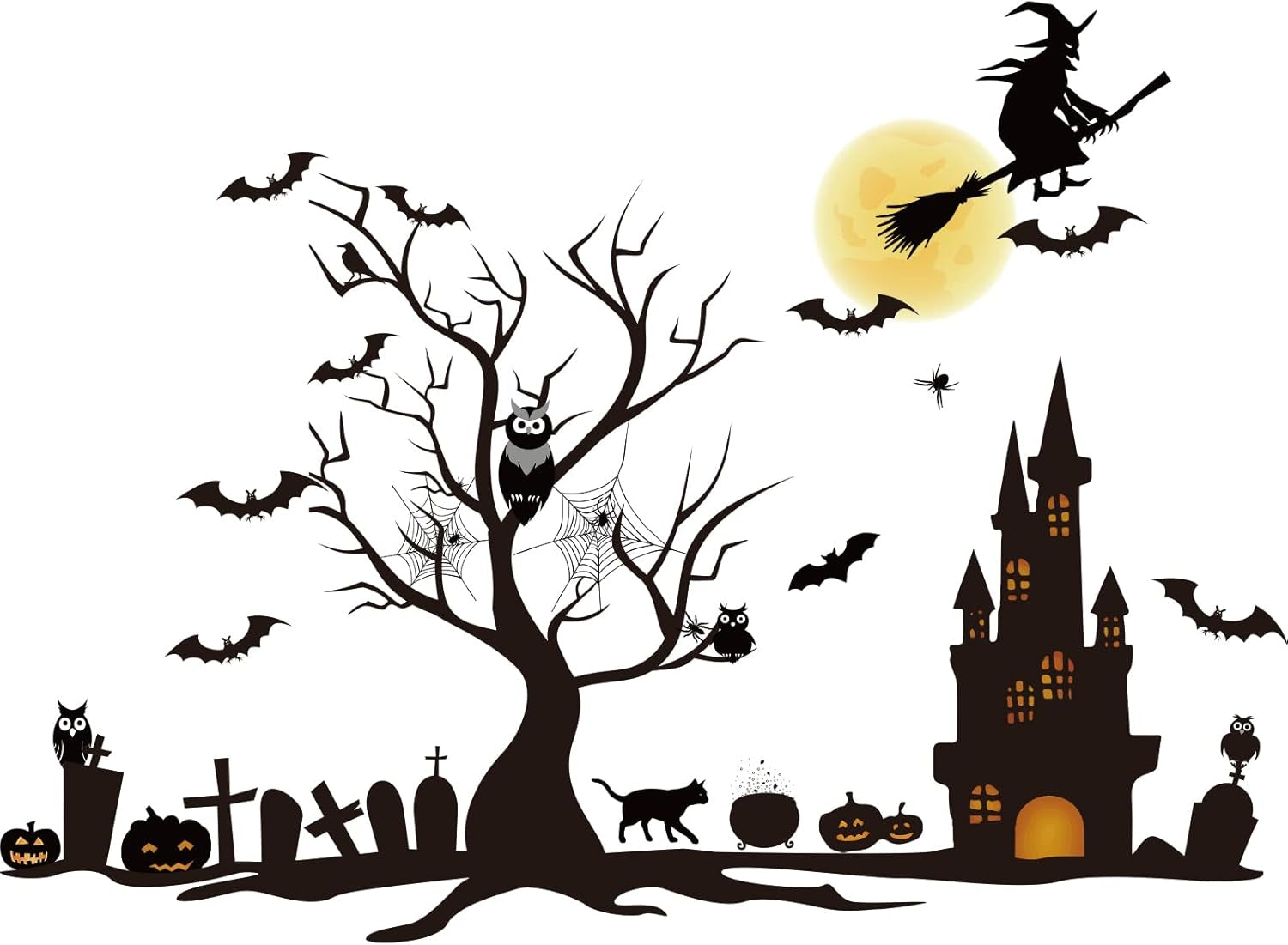 4 Sheet Halloween Window Clings Halloween Glass Decals Bat Witch Spider Pumpkin Removable Wall Decal Halloween Window Stickers Spooky Window Decals for Glass Windows Holiday Wall Stickers for Door