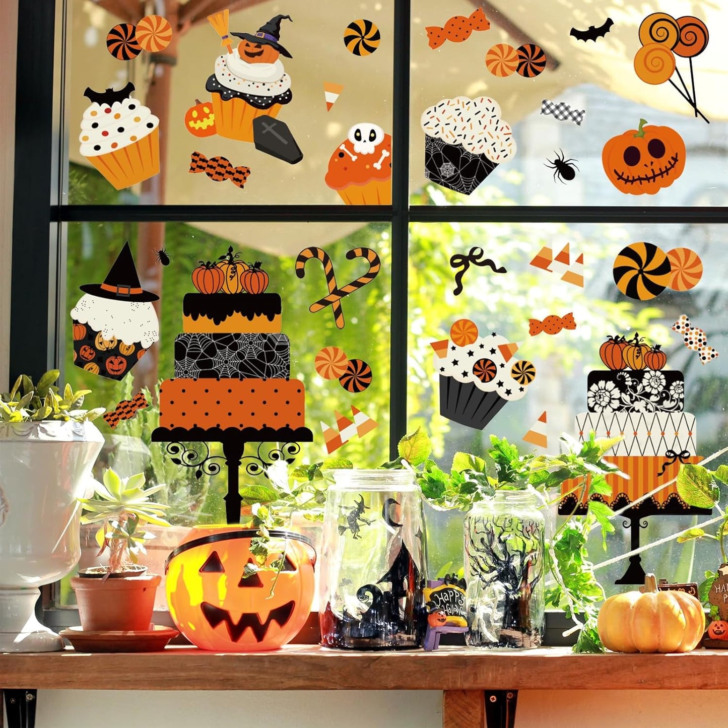 Halloween Window Cling Stickers Pumpkin Cake Cupcake Candy Double-Sided Reusable Window Decals for Birthday Baby Shower Party Home Classroom Decor, 4 Sheets