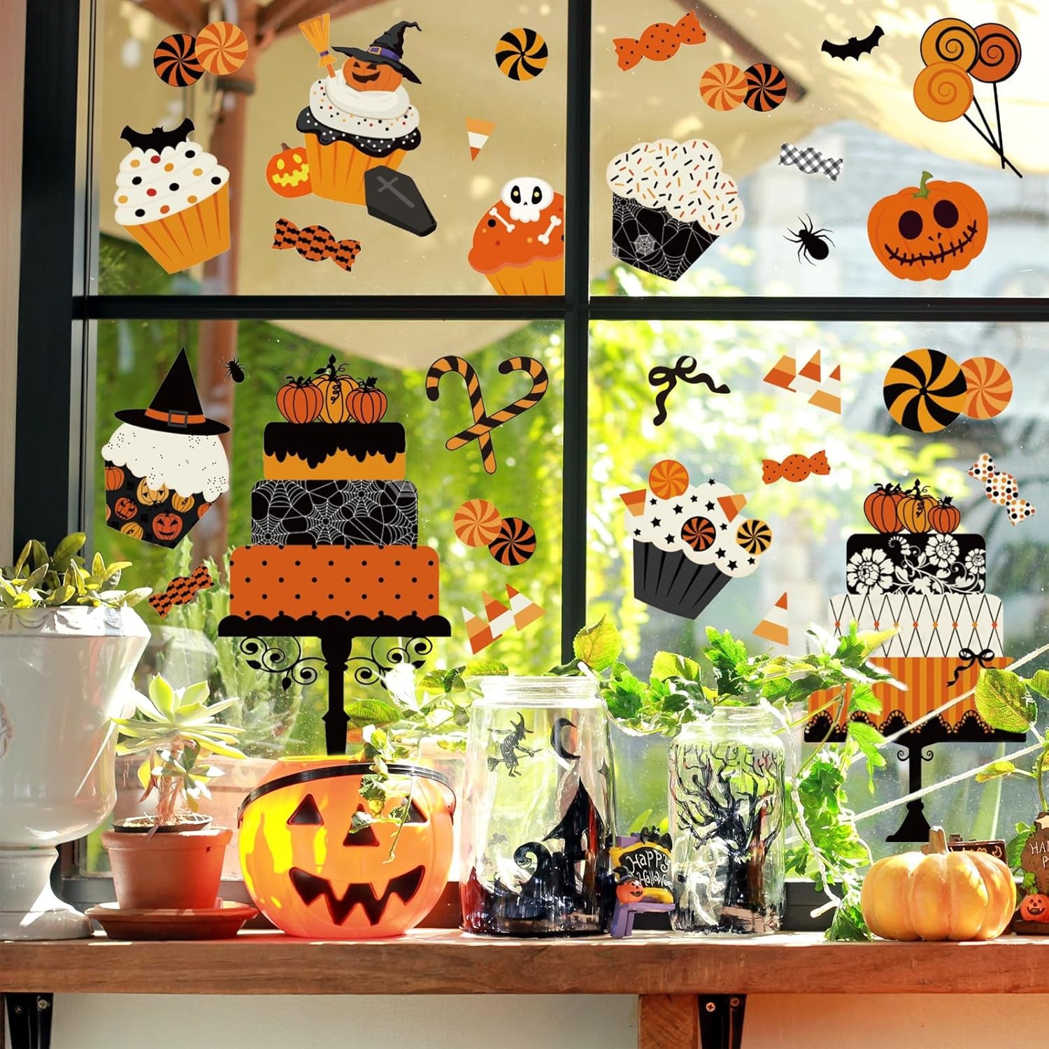 Halloween Window Cling Stickers Pumpkin Cake Cupcake Candy Double-Sided Reusable Window Decals for Birthday Baby Shower Party Home Classroom Decor, 4 Sheets