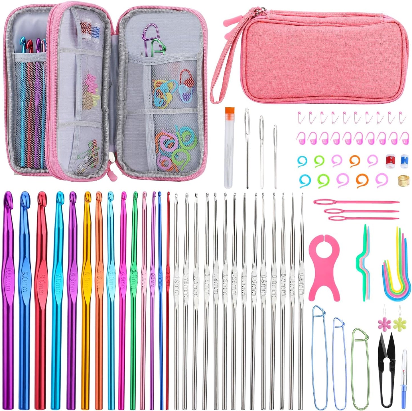 54 Pcs Crochet Needles Set, Crochet Hooks Kit with Storage Case, Ergonomic Knitting Needles Blunt Needles Stitch Marker DIY Hand Knitting Craft Art Tools for Beginners