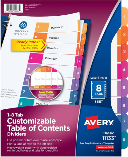 12 Tab Dividers for 3 Ring Binders, Customizable Table of Contents, Multicolor Tabs, 6 Sets (11196)