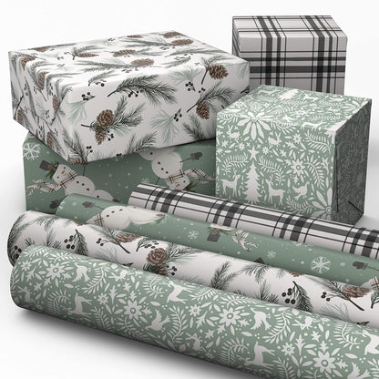 Recyclable Neutral Christmas Wrapping Paper (4 Rolls: 100 Sq. Ft. Ttl) White and Sage Green Evergreen Pinecones, Rustic Snowmen, Plaid, Nordic Deer and Foliage