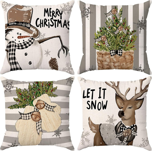 Christmas Pillow Covers 18X18 Set of 4 Snowman Reindeer Throw Pillow Cases Cushion Cases Winter Decorative Farmhouse for Sofa Couch Living Room Home Decor