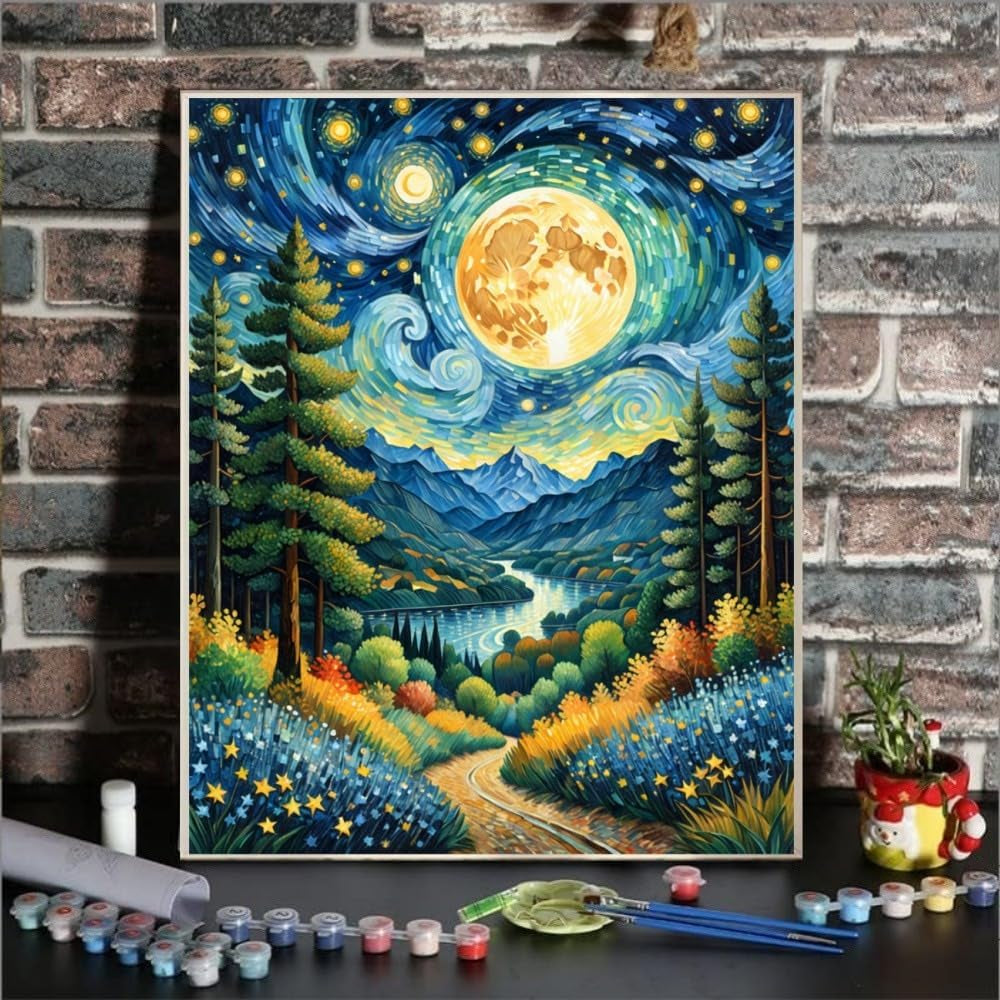 Moon Paint by Numbers Kit for Adults Beginner Forest Adult Paint by Number Kits on Canvas Adults' Paint-By-Number Kits DIY Oil Painting Kits for Gift Home Wall Decor 16X20 Inch