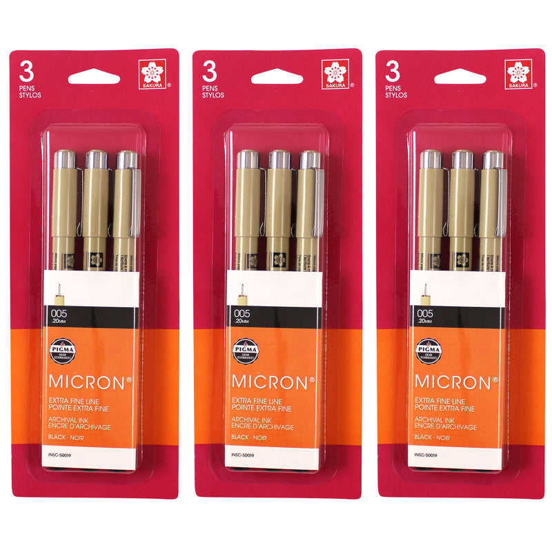 Pigma Micron Pens, Size 005 Extra Fine Point, Black, 3 Per Set, 3 Sets