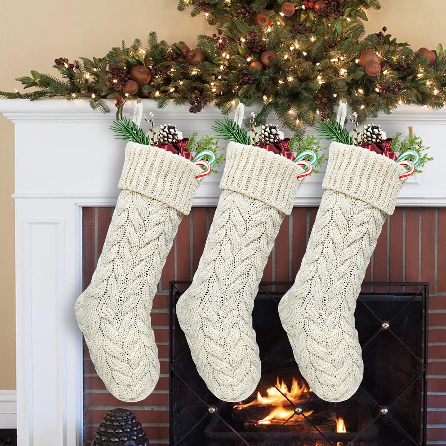 Christmas Stockings, 3 Pack 18 Inches Large Size Cable Knit Knitted Xmas Rustic Personalized Stocking Decorations for Family Holiday Season Decor,Ivory, Khaki, Grey