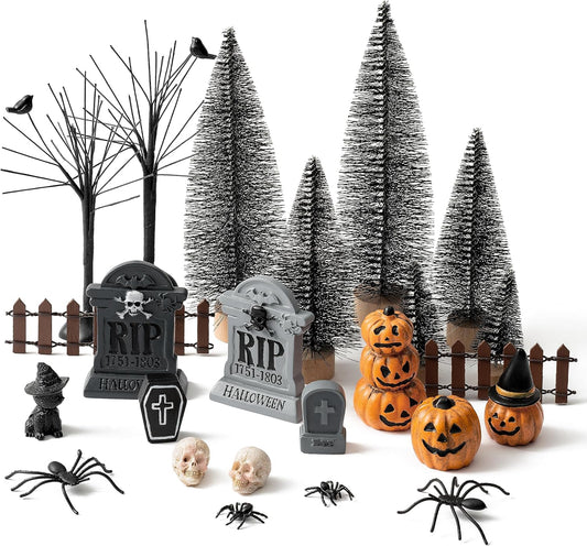 Halloween Village Scene Ornaments Accessories, Set of Pumpkin, Tombstones, Skeletons, Spiders, Black Cat, Pine Trees, Bare Branches, Resin Miniature Garden Scene Decor for Halloween Party