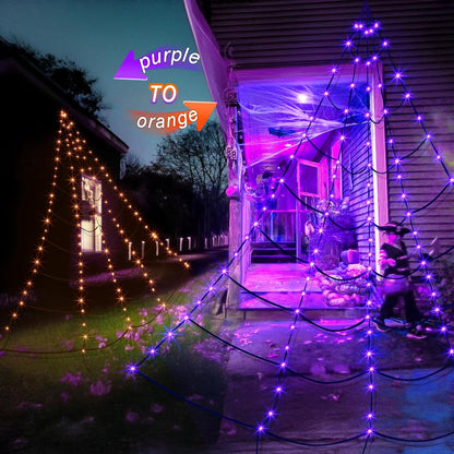 Halloween Decorations Outdoor Giant Spider Web Lights with 135 LED Purple & Orange Lights, outside Huge Lighted Black Spider Web Halloween Outdoor Light for Yard Party Haunted House Decor