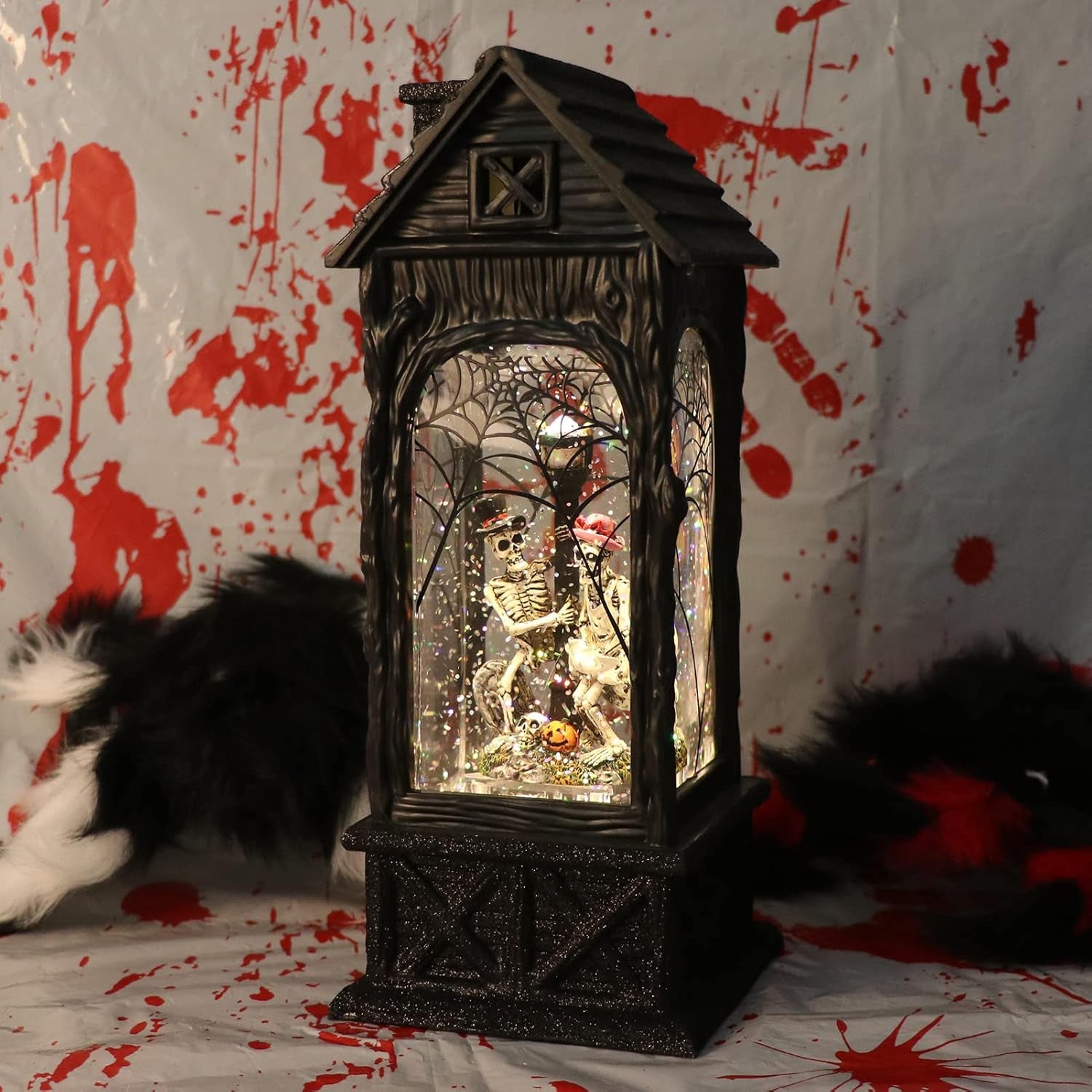 Halloween Skeleton Snow Globe Lantern Ghost Projection Lamp with 6 Hour Timer, Battery Operated & USB Powered LED Spinning Water Glittering Globe Halloween Decoration Parties(11”, 3AA)