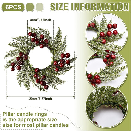 Christmas Candle Rings Mini Christmas Wreath Artificial Red Berries and Pinecones Pillars Candle Rings Kitchen Cabinets Small Wreaths Decor for Christmas Window Table Farmhouse Decoration(6 Pieces)